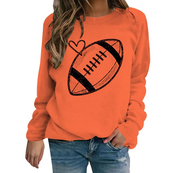Holzkary Football Sweatshirts for Women Game Day Outfits Fall Graphic Oversized Crewneck Sweatshirt Gameday Shirts Pullover Print Solid Color Round Neck Ladies Sweatshirt Orange M