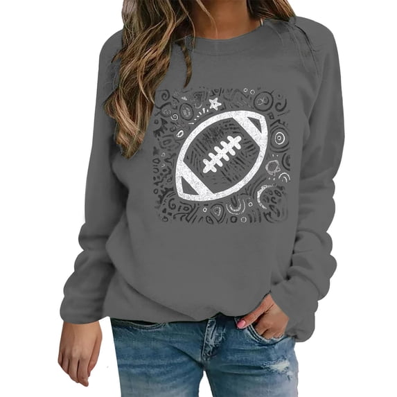 Holzkary Football Sweatshirts for Women Long Sleeve Crewneck Pullover Funny Game Day Shirts Casual Trendy Fall Winter Outfits Print Solid Color Round Neck Ladies Sweatshirt Grey M