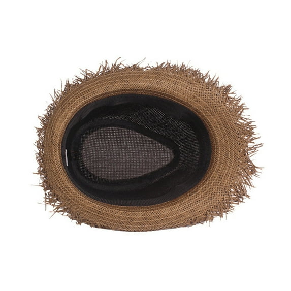 Holzkary Fringed Straw Fedora Hat for Women Men Short Brim Roll Up Trilby Panama Hat Upf 50+ Summer Beach Straw Sun Hat Retro Jazz Hat Brown One size