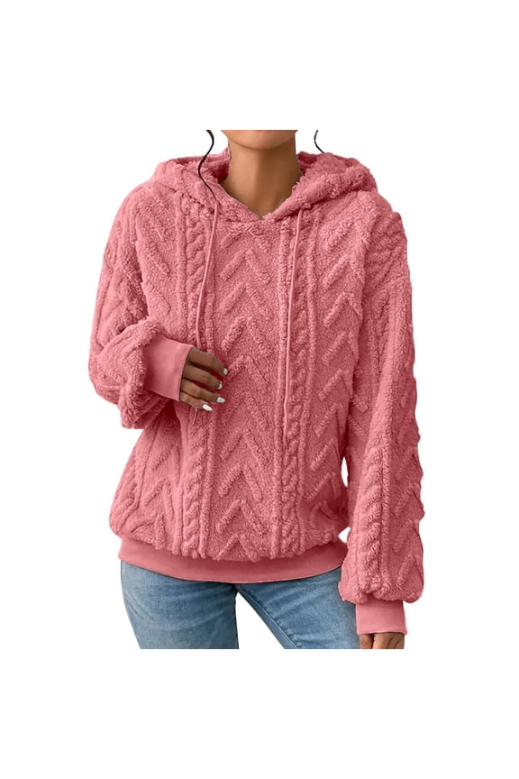 Fuzzy Fleece Hoodies Cable Knit Warm Sherpa Pullover Sweatshirt for Women Women's Solid Plush Spliced Women's New Solid Thickened Long Sleeve Sweater Coat Top Orange M