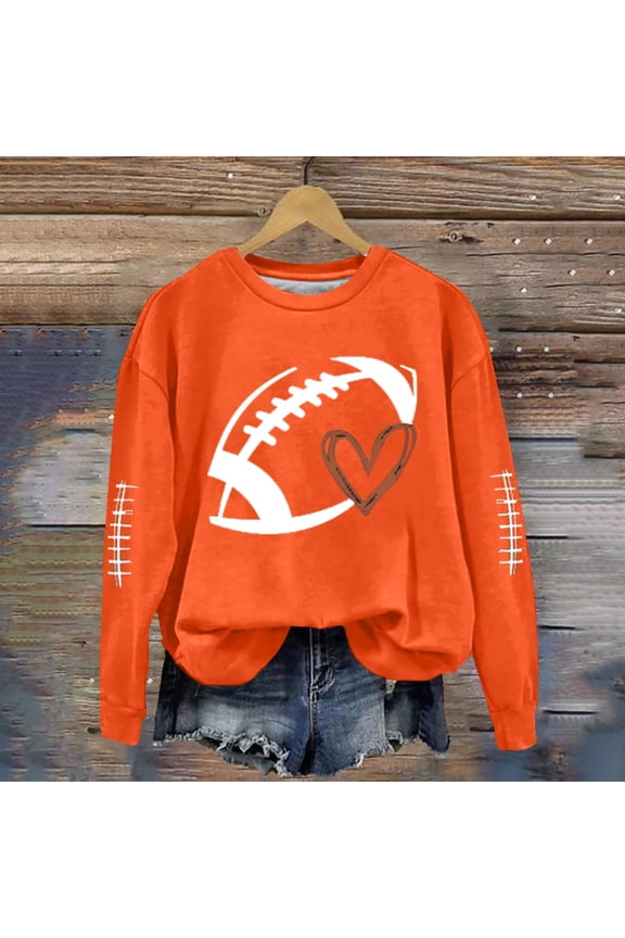 Game Day Football Sweatshirts for Women - Long Sleeve Football Shirts, Cute Cheer Mom Shirt, Crewneck Pullover Tops Orange XXL