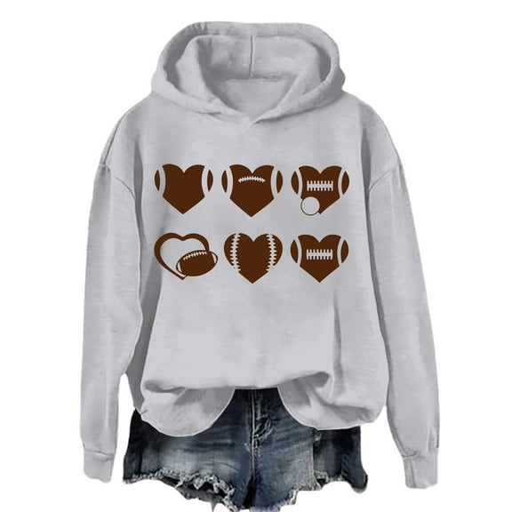 Holzkary Game Day Hooded Sweatshirt for Women Fashionable Round Neck Casual Letter Printed Long Sleeve Top Sweatshirt Funny Football Graphic Shirt Long Sleeve Game Day Pullover Hoodies Light Ashy Xs