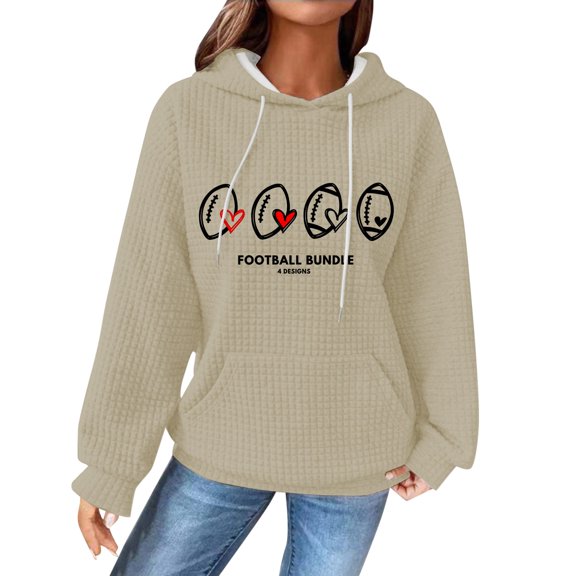 Holzkary Game Day Hooded Sweatshirt for Women Knit Sweatshirt Football Graphic Long Sleeve Sweater Football Season Pullover Funny Football Graphic Shirt Long Sleeve Game Day Pullover Hoodies Khaki M