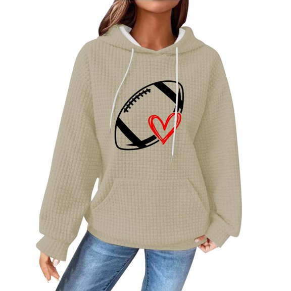 Holzkary Game Day Hooded Sweatshirt for Women Knit Sweatshirt Football Graphic Long Sleeve Sweater Football Season Pullover Funny Football Graphic Shirt Long Sleeve Game Day Pullover Hoodies Khaki Xxl