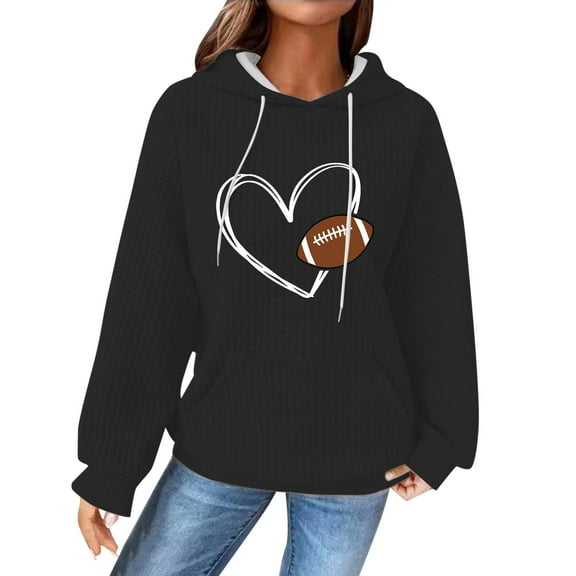 Holzkary Game Day Hooded Sweatshirt for Women Knit Sweatshirt Football Graphic Long Sleeve Sweater Football Season Pullover Funny Football Graphic Shirt Long Sleeve Game Day Pullover Hoodies Black M