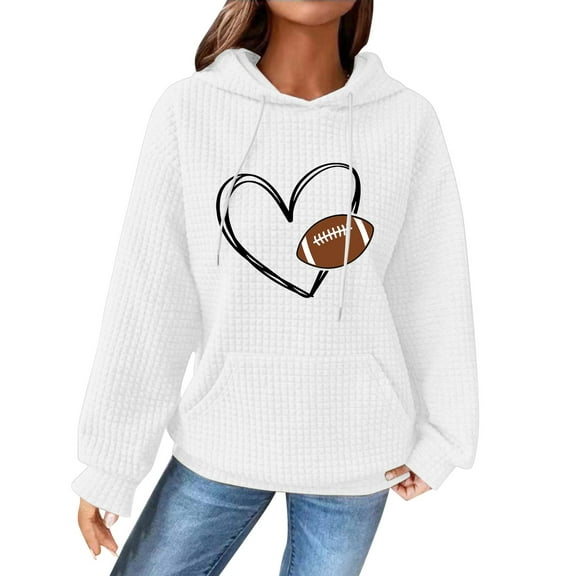Holzkary Game Day Hooded Sweatshirt for Women Knit Sweatshirt Football Graphic Long Sleeve Sweater Football Season Pullover Funny Football Graphic Shirt Long Sleeve Game Day Pullover Hoodies White S
