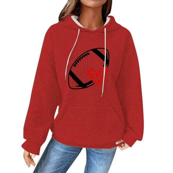 Holzkary Game Day Hooded Sweatshirt for Women Knit Sweatshirt Football Graphic Long Sleeve Sweater Football Season Pullover Funny Football Graphic Shirt Long Sleeve Game Day Pullover Hoodies Red S