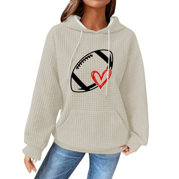 Holzkary Game Day Hooded Sweatshirt for Women Knit Sweatshirt Football Graphic Long Sleeve Sweater Football Season Pullover Funny Football Graphic Shirt Long Sleeve Game Day Pullover Hoodies Beige L