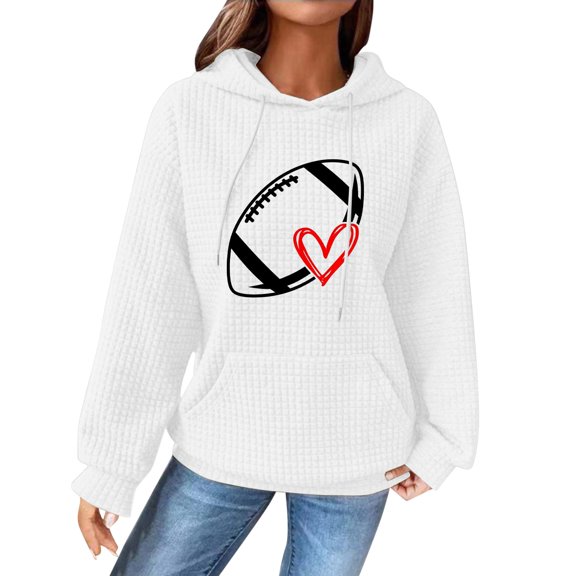 Holzkary Game Day Hooded Sweatshirt for Women Knit Sweatshirt Football Graphic Long Sleeve Sweater Football Season Pullover Funny Football Graphic Shirt Long Sleeve Game Day Pullover Hoodies White L