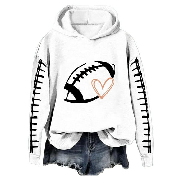 Holzkary Game Day Hooded Sweatshirt for Women Sweatshirt Heart Football Graphic Hoodies Fall Long Sleeve Tops Football Mom Funny Football Graphic Shirt Long Sleeve Game Day Pullover Hoodies White M