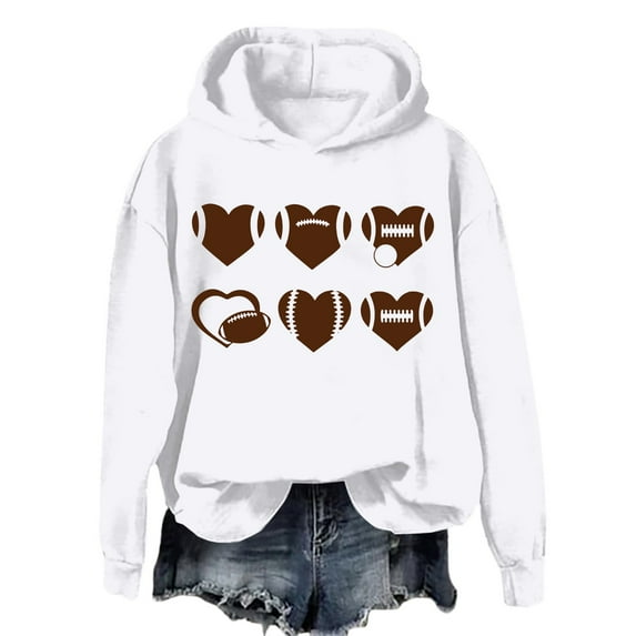 Holzkary Game Day Hooded Sweatshirt for Women Women's Fashionable Round Neck Casual Letter Printed Long Sleeve Top Sweatshirt Funny Football Graphic Shirt Long Sleeve Game Day Pullover Hoodies White S