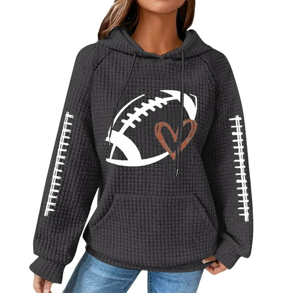 Holzkary Game Day Hooded for Women Funny Football Graphic Shirt Waffle Knit Game Day Pullover Hoodies Long Sleeve Sweatshirt Knit Hoodie Sweatshirt Football Graphic Pullover Sweater Dark Grey S
