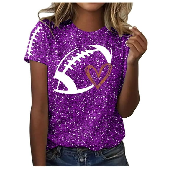 Holzkary Game Day Shirts Women Football T Shirts Sequin Printed Short Sleeve Football Season Graphic Trendy Casual Tees Tops Women's Rugby Love Print Round Neck Short Sleeve Top T Shirt Purple L