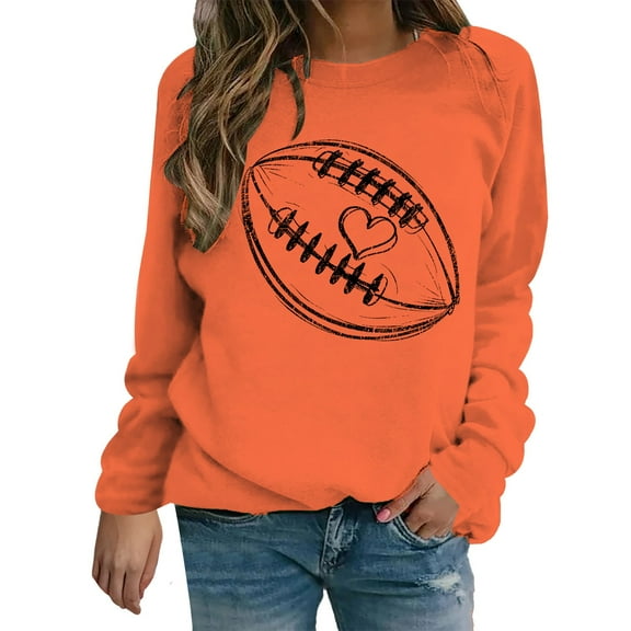 Holzkary Game Day Sweatshirts for Women Football Sweatshirts Funny Football Graphic Crewneck Long Sleeve Pullover Tops American Football Print Solid Color Round Neck Ladies Sweatshirt Orange M