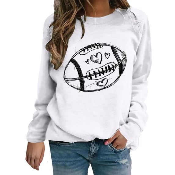 Holzkary Game Day Sweatshirts for Women Football Sweatshirts Funny Football Graphic Crewneck Long Sleeve Pullover Tops American Football Print Solid Color Round Neck Ladies Sweatshirt White 3Xl
