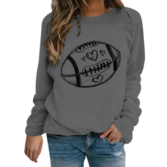 Holzkary Game Day Sweatshirts for Women Football Sweatshirts Funny Football Graphic Crewneck Long Sleeve Pullover Tops American Football Print Solid Color Round Neck Ladies Sweatshirt Grey 3Xl