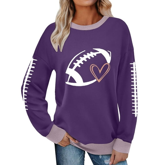 Holzkary Game Day Sweatshirts for Women Football Sweatshirts Funny Football Graphic Crewneck Long Sleeve Pullover Tops Sunday Football Shirts Tops Sweatshirts Fall Outfits Purple L