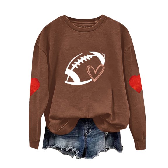 Holzkary Game Day Sweatshirts for Women Football Sweatshirts Funny Football Graphic Crewneck Long Sleeve Pullover Tops Sunday Football Shirts Tops Sweatshirts Fall Outfits Brown L