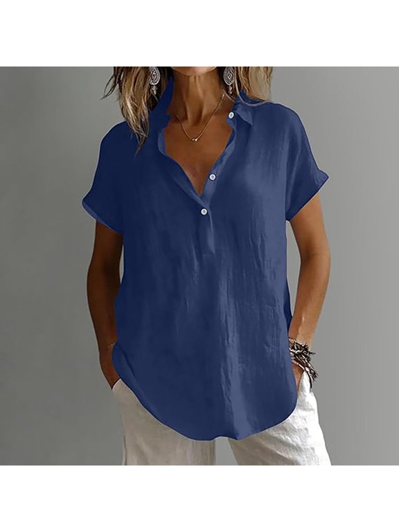 Gauze Blouses for Women Button Down Polo Shirt Pullover Shirts Henley V Neck Lapel Collar Tops Short Sleeves Blouse Work Clothes for Women Flowy Clothes Plain Office Blouse Gauze Blouses