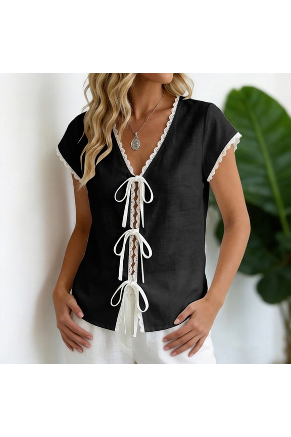 Gauze Tops for Women Tie Front V Neck Lace Trim Cute Tops Peasant Blouses Boho Top Casual Dressy Clothes for Summer 2026 Beach Vacation Clothes Going Out Tops Pullover Basic Tees Gauzy Tops