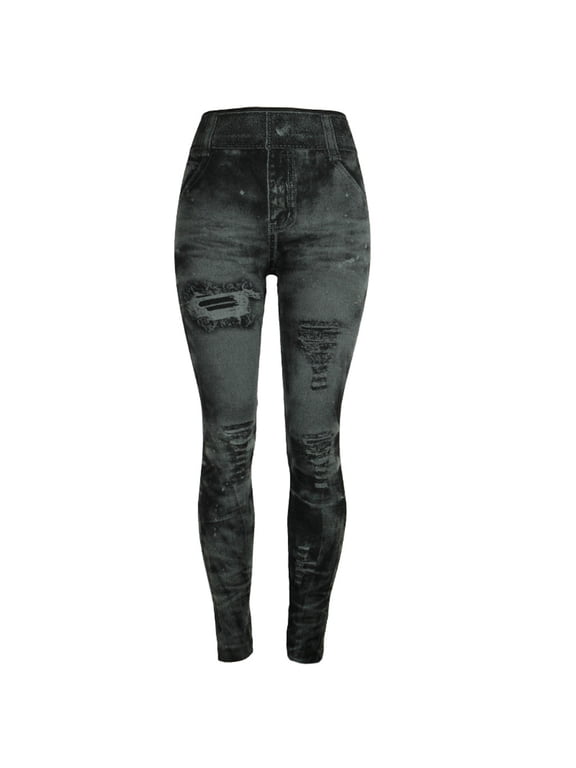Gothic Jeggings Womens Denim Print Leggings Distressed Destroyed Tie Dye Fake Jeans Seamless High Waist Full Length Ripped Tights Elastic Gym Yoga Pants Ladies Slim Trousers Dark Gray Xl
