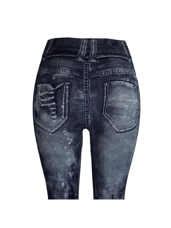 Gothic Jeggings Womens Denim Print Leggings Distressed Destroyed Tie Dye Fake Jeans Seamless High Waist Full Length Ripped Tights Elastic Gym Yoga Pants Casual Ladies Slim Trousers Navy L