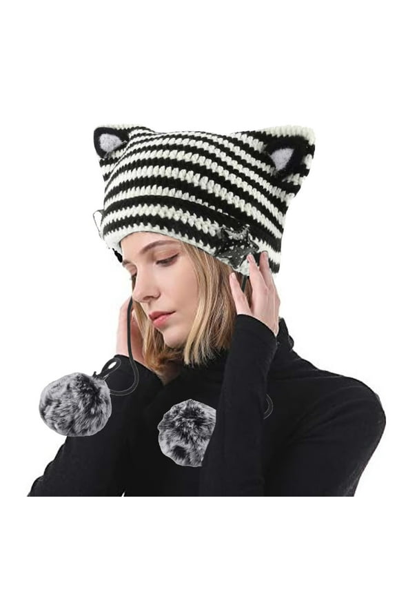Hat for Women Men 2025 Trendy Women Cat Ear Hat with Pom Poms Star Accessories Goth Crochet Knitted Slouchy Skully Caps Alt Clothes Black One Size