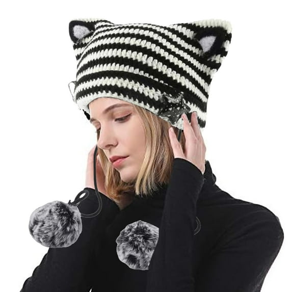 Holzkary Hat for Women Men 2025 Trendy Women Cat Ear Hat with Pom Poms Star Accessories Goth Crochet Knitted Slouchy Skully Caps Alt Clothes Black One Size
