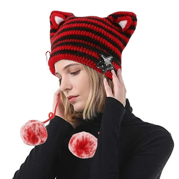 Holzkary Hat for Women Men 2025 Trendy Women Cat Ear Hat with Pom Poms Star Accessories Goth Crochet Knitted Slouchy Skully Caps Alt Clothes Red One Size