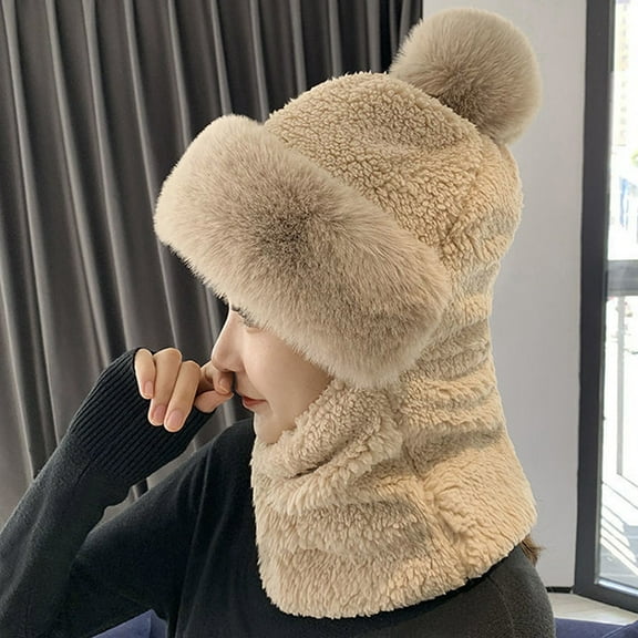 Holzkary Hat for Women Men 2025 Trendy Women Windproof Scarf Hat Winter Warm Scarf Hat Set Soft Knitted Plush Hat Beige One Size