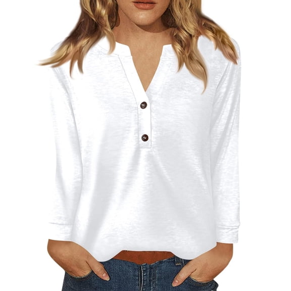 Holzkary Henley Long Sleeve Shirts for Women, Lightweight Long Sleeve Tops for Women Loose Fit Basic Pullover with Button Long Sleeve Tops 2025 Autumn Womens Neck T Shirts Casual Shirts Uk White L