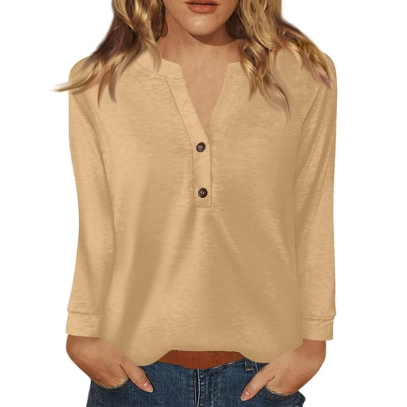 Holzkary Henley Long Sleeve Shirts for Women, Lightweight Long Sleeve Tops for Women Loose Fit Basic Pullover with Button Long Sleeve Tops 2025 Autumn Womens Neck T Shirts Casual Shirts Uk Khaki S
