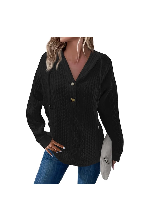 Hoodies for Women Waffle Knit Long Sleeve Drawstring Oversized Button V Neck Hoodies Casual Sweater Knit Sweatshirt Button V Neck Casual Pullover Sweatshirt Hooded Tops Black Xxl