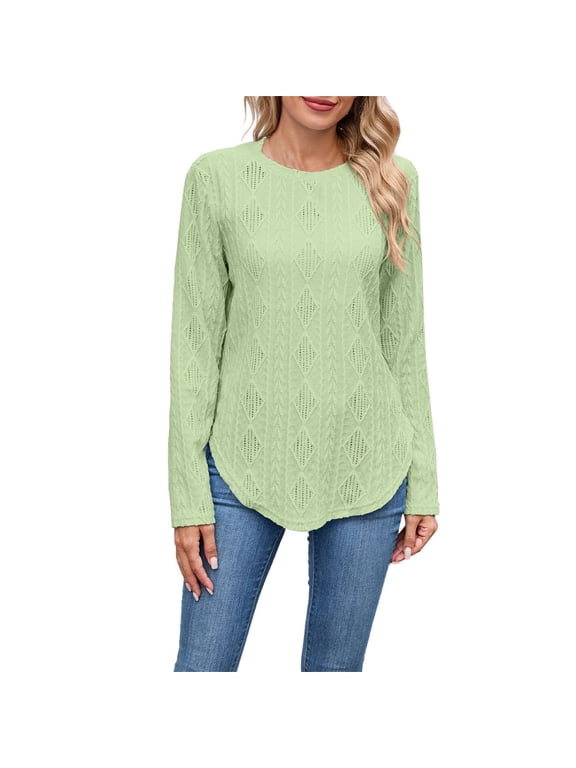 Lace Long Sleeve Tops for Women Fashion 2025 Eyelet Blouses Dressy Casual Crewneck Embroidered Shirts Knit Crew Neck T Shirts Side Split Blosue Casual Loose Fit Fall Basic Tees Light Green S