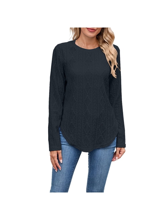 Lace Long Sleeve Tops for Women Fashion 2025 Eyelet Blouses Dressy Casual Crewneck Embroidered Shirts Knit Crew Neck T Shirts Side Split Blosue Casual Loose Fit Fall Basic Tees Black L