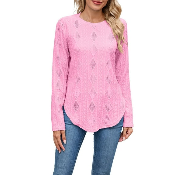 Holzkary Lace Long Sleeve Tops for Women Fashion 2025 Eyelet Blouses Dressy Casual Crewneck Embroidered Shirts Knit Crew Neck T Shirts Side Split Blosue Casual Loose Fit Fall Basic Tees Pink Xxl