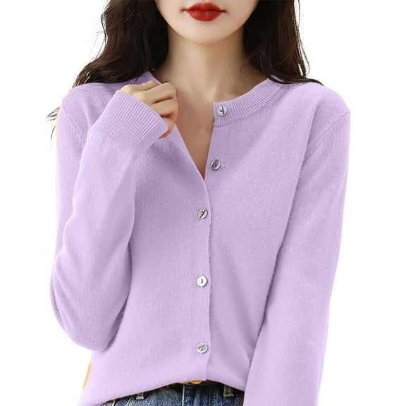 Holzkary Lightweight Cardigan Sweaters for Women Button Down Cardigan Long Sleeve Casual Crew Neck Soft Knit Cardigans Sweater Tops Cardigans for Women Crochet Sweaters for Women Purple M