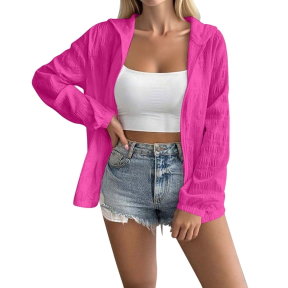 Holzkary Lightweight Hoodies Zip Up Fall Jacket Long Sleeve Solid Color Sweatshirts Outerwear Quick Dry Active Uv Shirts Fall Fashion Outfits Casual Jackets 2025 Winter Clothes Hot Pink M