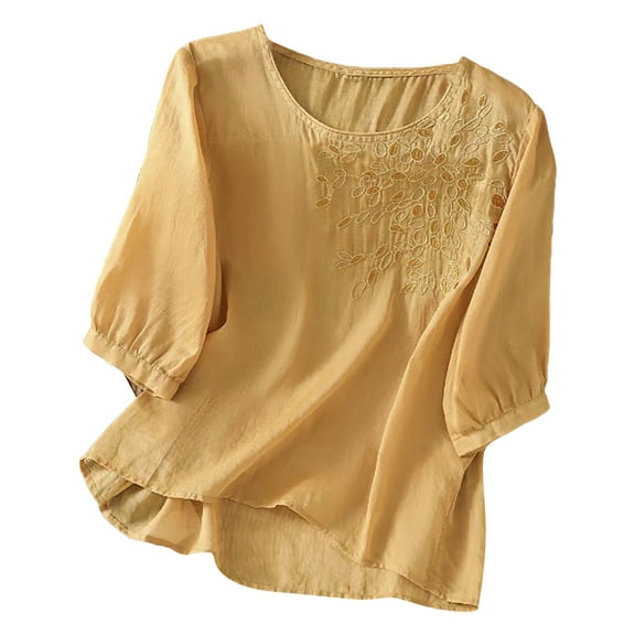 Holzkary Linen Blouses for Women Embroidered Boho Tunic Top Festival Casual Loose T Shirt Half Sleeve Top Elbow Length Blouses Embroidered Retro Cotton and Linen Slim T Shirts Yellow M