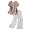 thumbnail image 1 of Holzkary Linen Sets for Women 2 Piece Embroidered Set Casual Loose Fit Outfit 2 Piece Outfits Sets Short Sleeve Shirts and Elastic Waist Long Pants Summer Casual Vacation Loungewear Brown L, 1 of 5