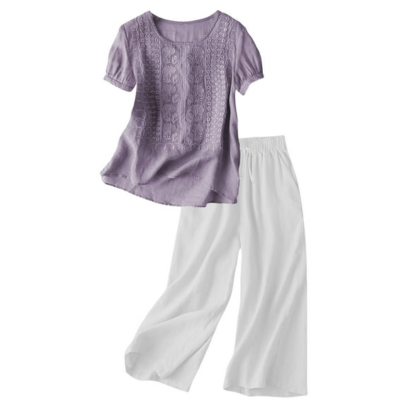 Holzkary Linen Sets for Women 2 Piece Embroidered Set Casual Loose Fit Outfit 2 Piece Outfits Sets Short Sleeve Shirts and Elastic Waist Long Pants Summer Casual Vacation Loungewear Purple L