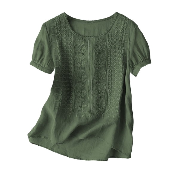 Holzkary Linen Sets for Women 2 Piece Embroidered Set Casual Loose Fit Outfit 2 Piece Outfits Sets Short Sleeve Shirts and Elastic Waist Long Pants Summer Casual Vacation Loungewear Blackish Green M