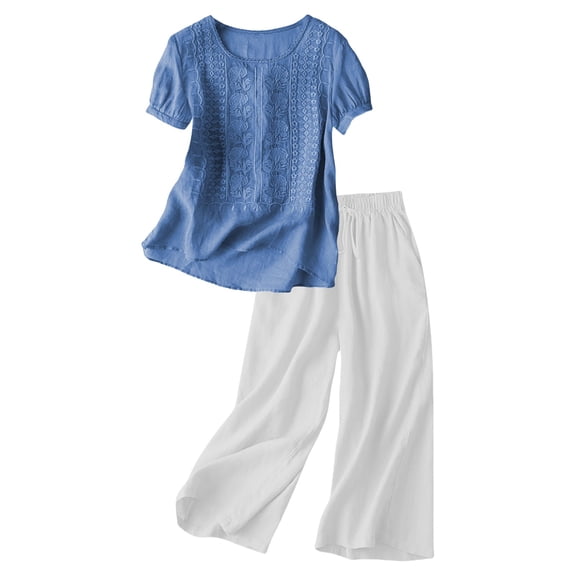 Holzkary Linen Sets for Women 2 Piece Embroidered Set Casual Loose Fit Outfit 2 Piece Outfits Sets Short Sleeve Shirts and Elastic Waist Long Pants Summer Casual Vacation Loungewear Blue S