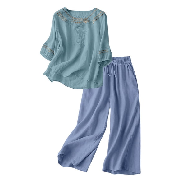 Holzkary Linen Sets for Women 2 Piece Loose Fit Outfit Breathable Comfortable for Daily Wear 2 Piece Outfits Sets Short Sleeve Shirts and Long Pants Summer Casual Vacation Loungewear Mint Green M