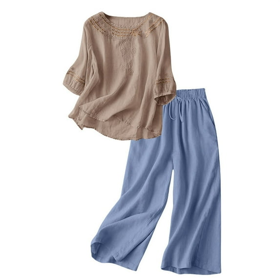 Holzkary Linen Sets for Women 2 Piece Loose Fit Outfit Breathable Comfortable for Daily Wear 2 Piece Outfits Sets Short Sleeve Shirts and Long Pants Summer Casual Vacation Loungewear Khaki Xxl
