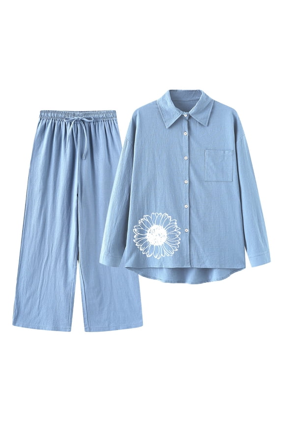 Linen Sets for Women 2 Piece Retro Plus Size Linen Shirt Set Loose Pants 2 Piece Outfits Sets Button Down Long Sleeve Shirts and Long Pants Summer Casual Vacation Loungewear Blue Xxl