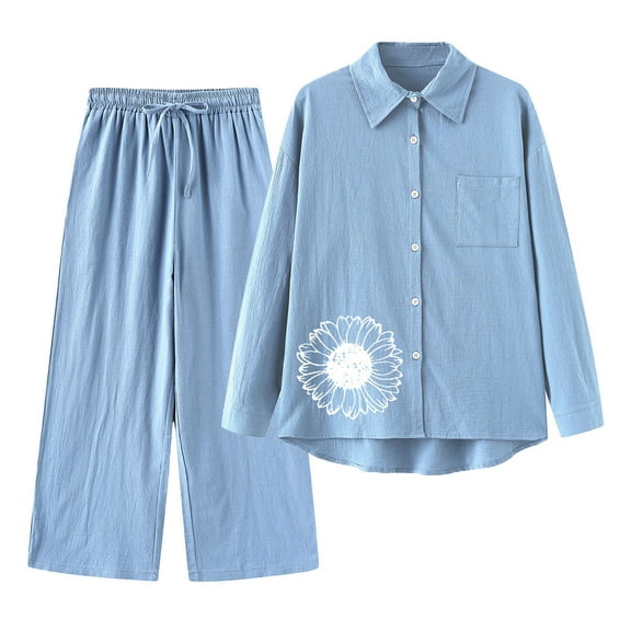 Holzkary Linen Sets for Women 2 Piece Retro Plus Size Linen Shirt Set Loose Pants 2 Piece Outfits Sets Button Down Long Sleeve Shirts and Long Pants Summer Casual Vacation Loungewear Blue L