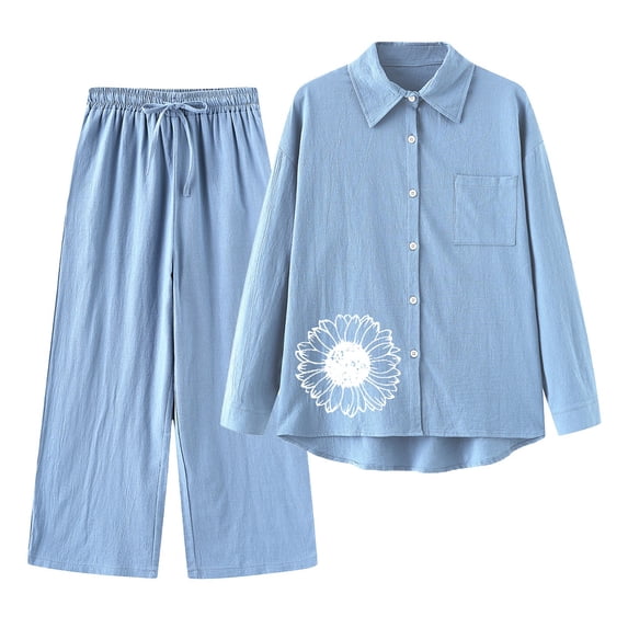 Holzkary Linen Sets for Women 2 Piece Retro Plus Size Linen Shirt Set Loose Pants 2 Piece Outfits Sets Button Down Long Sleeve Shirts and Long Pants Summer Casual Vacation Loungewear Blue L