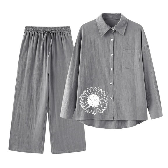 Holzkary Linen Sets for Women 2 Piece Retro Plus Size Linen Shirt Set Loose Pants 2 Piece Outfits Sets Button Down Long Sleeve Shirts and Long Pants Summer Casual Vacation Loungewear Grey L