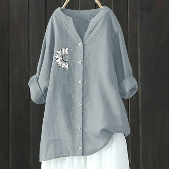 Holzkary Linen Shirts for Women 2026 V Neck Button Tops Solid Color Shirts Casual Tunic Tops Summer Shirts for Women Roll Up Long Sleeve Shirt Fashion Shirt Pullover Shirts Dress Shirts Henley Tops